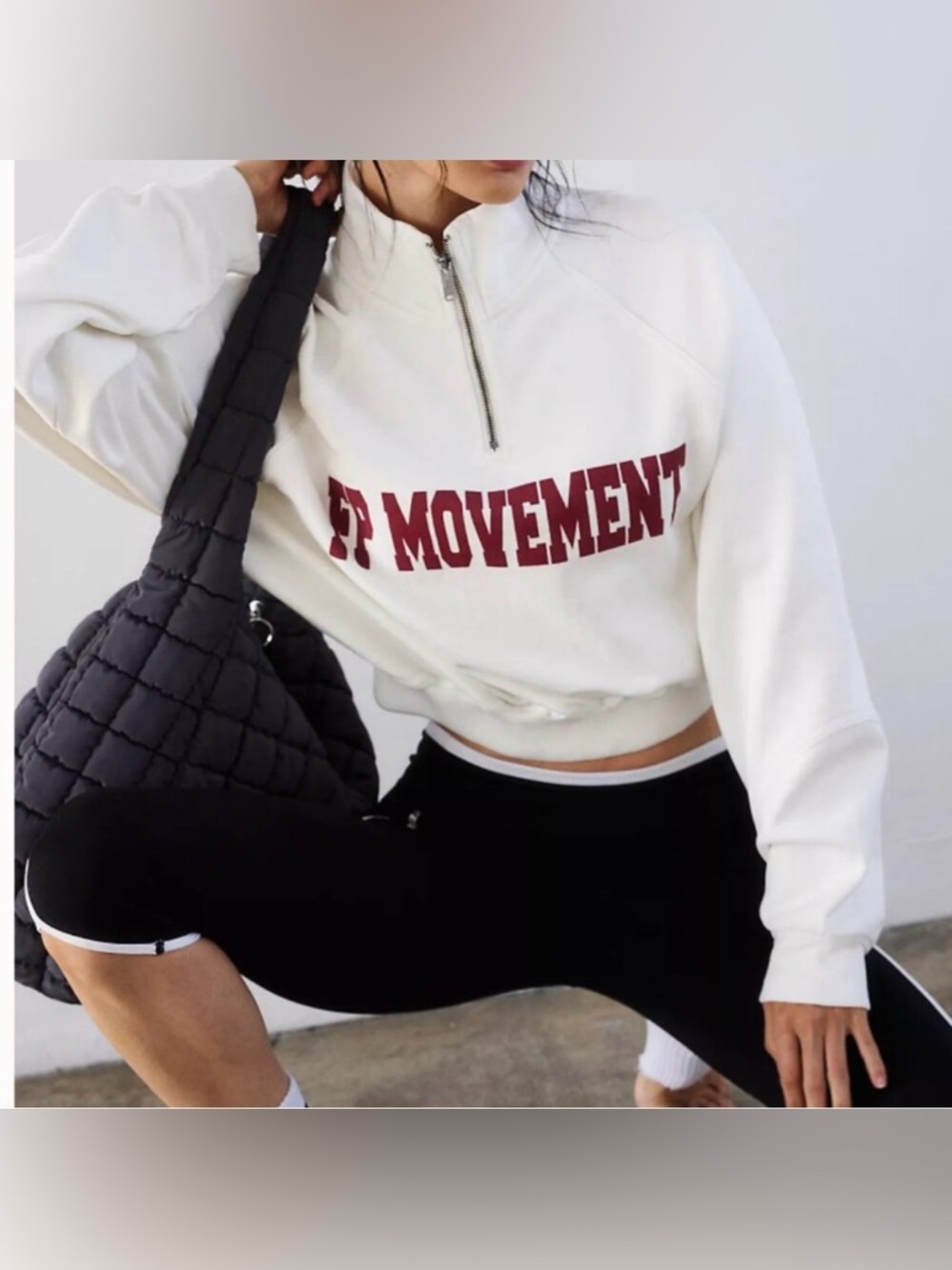 NWT Free People Movement For The Win Logo Half Zip White Burgundy Sweatshirt Med